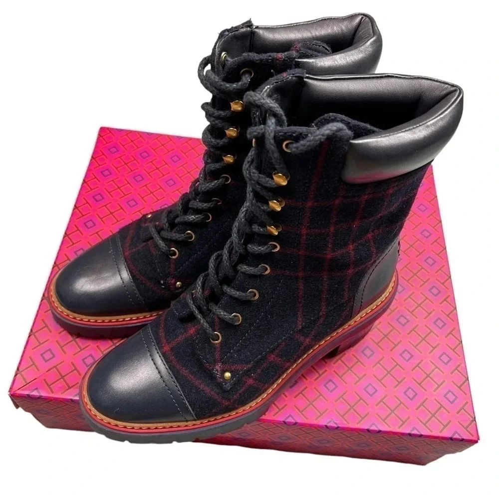 Tory Burch Womens Boots Miller 60MM Checked Wool Calf Leather Navy Size 8